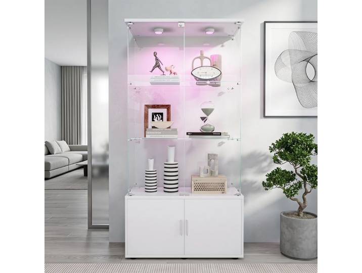 Vitrine en Verre avec Led Armoire Vitrine Collection 4 Porte 3étagères Transparent Meuble bas bois Vitrines Figurine Armoire Blanc