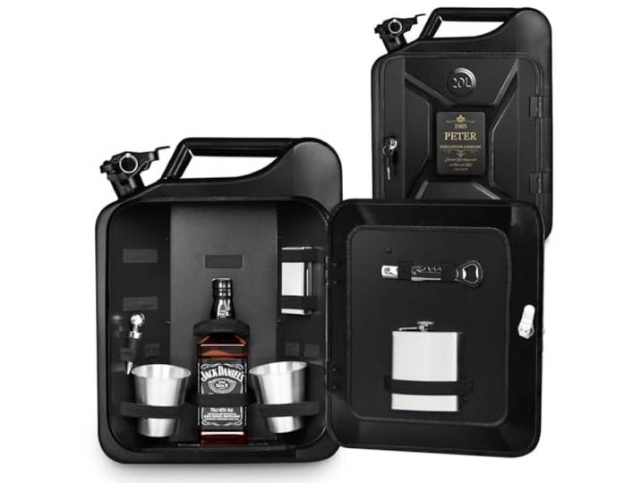 Maverton 20L Kanister Mini Bar mit Gravur, Jerrycan Metall Mobile Bar Geburtstagsgeschenk für Männer personalisierte Geschenke für Männer, Abschließbarer Minibar, Größe: 36x47x18cm