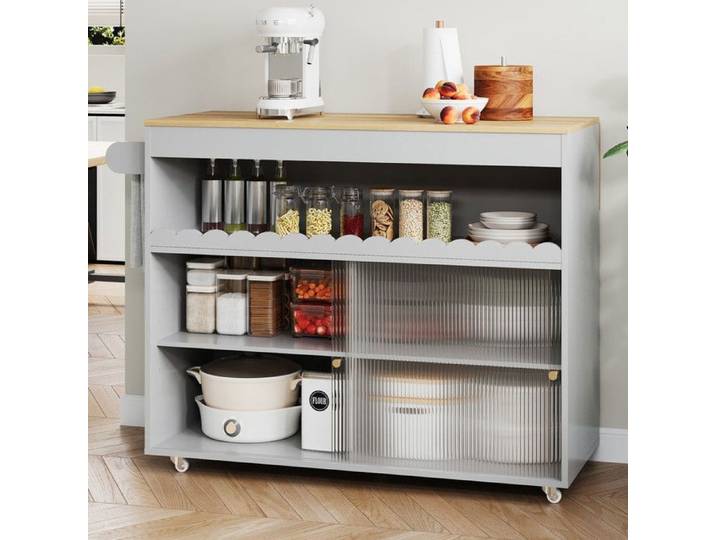 îlot de cuisine pliante 122x46(69)x91cm plan de travail chêne porte coulissante en verre étagères réglables porte-serviettes gris