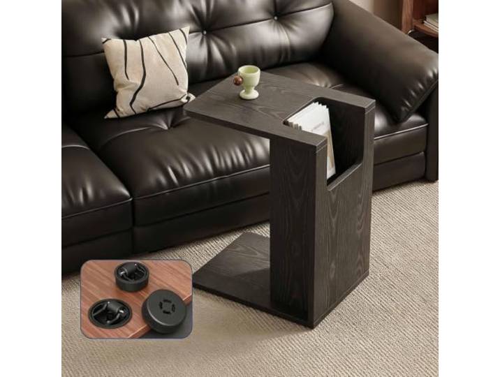 C-förmiger Beistelltisch aus Massivholz mit Offener Ablage, Platzsparend Platzsparender Beistelltisch Couch in C-Form mit offener Ablage für Sofa, Bett, Wohnzimmer, Schlafzimmer und kleine Räume