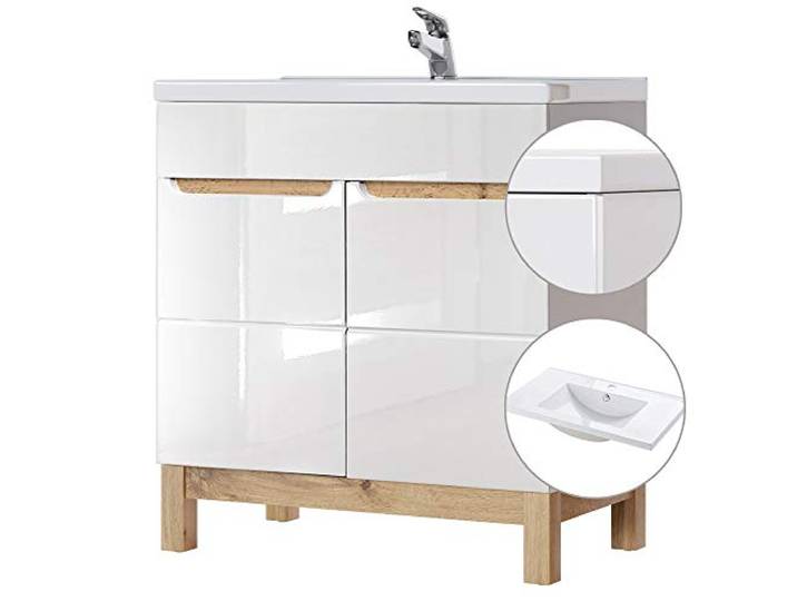 Lomadox Badkamerwastafel set Badkamer met 81 cm keramische wastafel, onderkast hoogglans wit & Wotaan eiken, softclose-deuren, B/H/D 81/85/46 cm