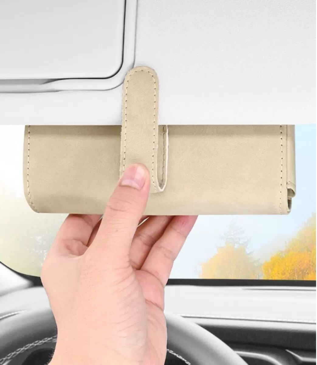 INF Magnetischer Sonnenblenden-Clip für Sonnenbrillen – Schaffell-Wildleder, selbstschließender Halter mit lederummanteltem Beige