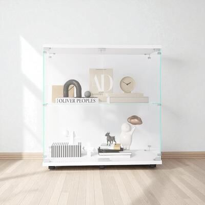 Fundinbaths 2-Tier Glass Display Cabinet with Double Doors and Lock, Tempered Glass Showcase with MDF Base