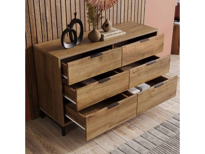 LPOSPI Commode buffet 6 tiroirs - rangement pratique pour chambre ou entrée avec structure bois et métal - marron - 120x40x76 cm
