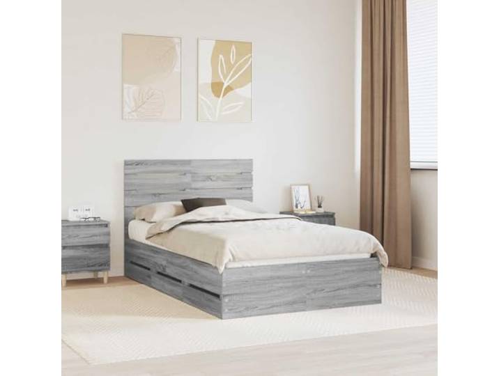 RJPLMFV Bettgestell, grau, Sonoma, 120 x 190 cm, Holz, Technik Mit Schubladen und integrierter Aufbewahrung, Lattendesign, freistehende Struktur, einfache Reinigung