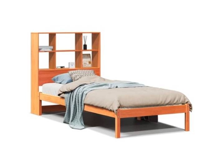 PUGYNBK Bett mit Regal aus Kiefernholz, 75 x 190 cm Lattenrost inklusive, ohne Matratze, Kopfteil mit Aufbewahrung, platzsparend
