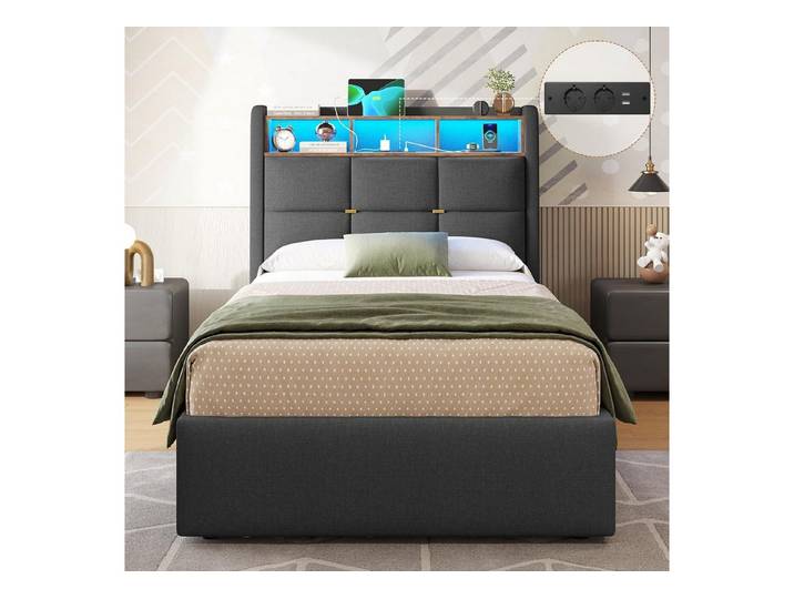 MSMASK Polsterbett mit LED Beleuchtung und Steckdosenleiste, hydraulisches Stauraumbett (1-tlg., Ohne Matratze), Jugendbett mit Bettkasten Stauraum