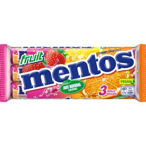 Mentos Kaubonbons Fruit Dragees, 3 Rollen, mit Fruchtgeschmack, je 38g, 14 Stück
