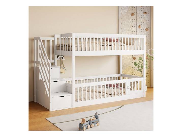 Merax Etagenbett (Kieferholz Hochbett Jugendbett Hausbett, 1-St), Holz Kinderbett 90x200cm mit Stauraumtreppe Geländer Spielbereich Tür