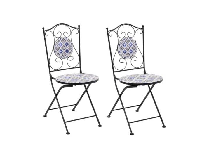 Beliani Bistrostühle 2er Set Weiß/Blau Metall Keramik Mosaik Muster Klappbar Platzsparend Pulverbeschichtet Garten Terrasse Balkon
