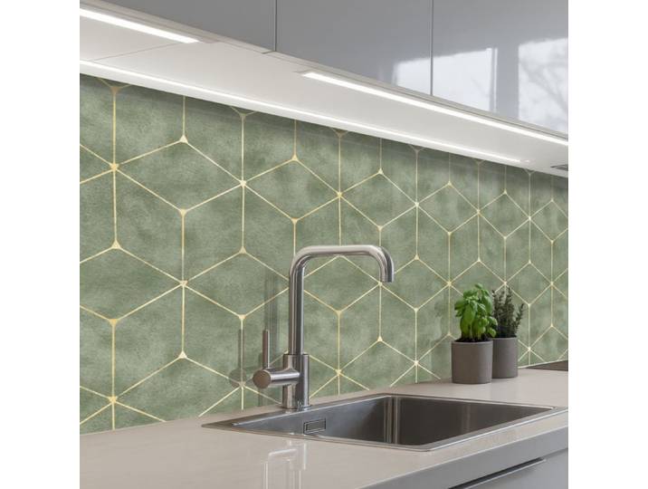 Crédence Décorative de Cuisine - Décoration Murale - Motif Subtil - Géométrique - Or - Vert 200x60 cm - KitchenYeah