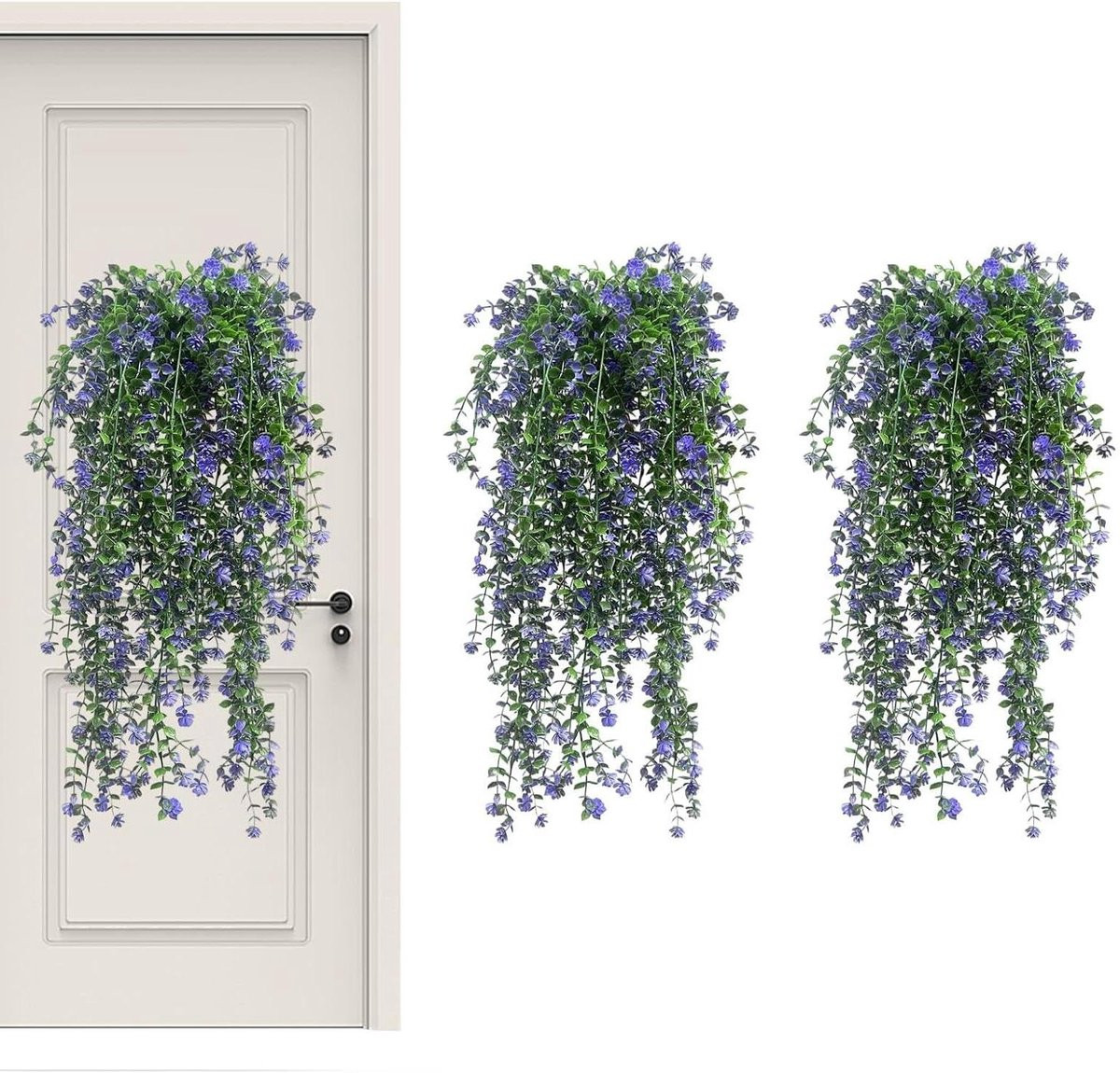 Set van 3 realistische paarse eucalyptus kunstplanten voor decoratie