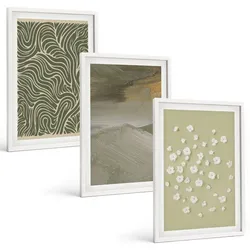 BILDER SET 3er Set - 40x60 cm Weißer Rahmen - Abstrakte florale Wellenmuster