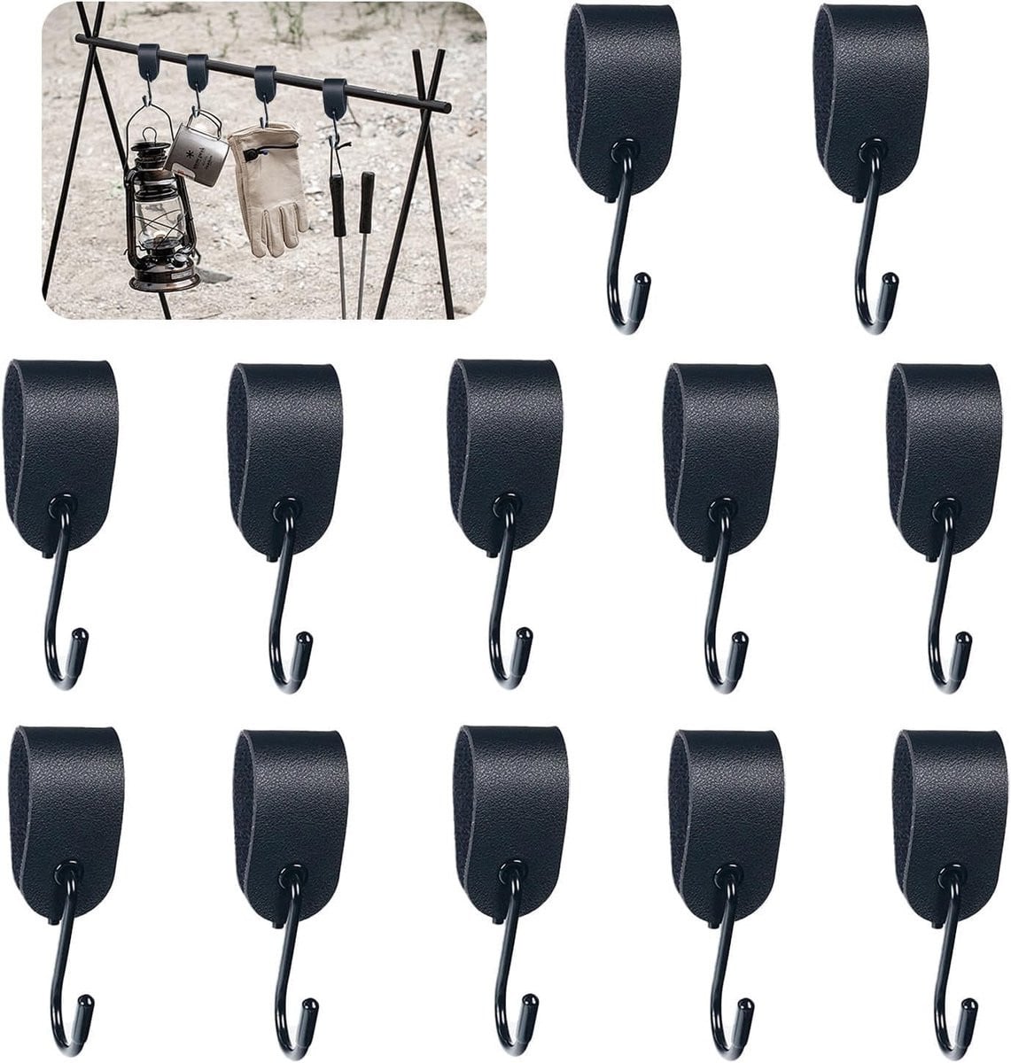 Set van 6 multifunctionele zwarte leren haken voor kleding, keuken en badkamer