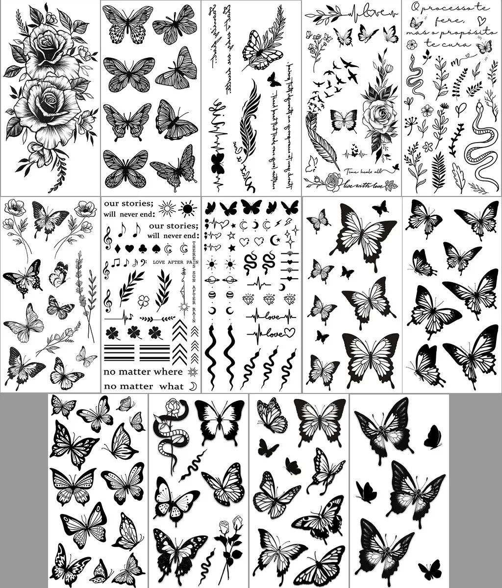 INF Autocollants de tatouage temporaires imperméables 14 pièces Papillon