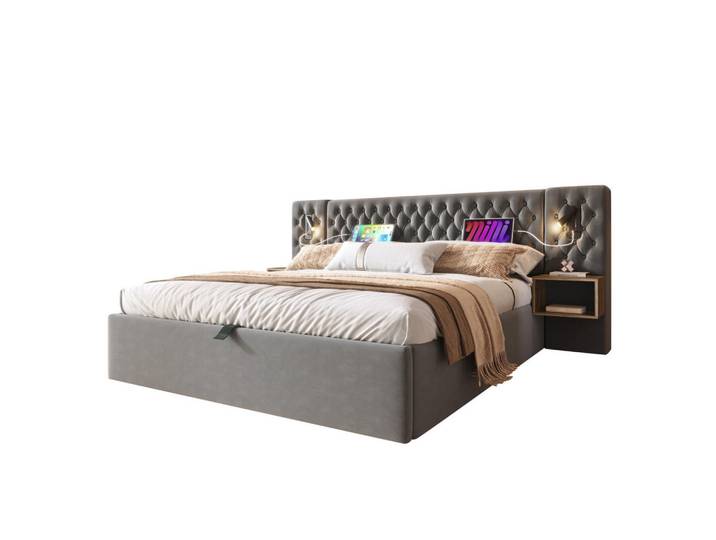 Modfu Polsterbett aus Samt 160x200 cm in Grau mit Stauraum, Leselampen & Matratze, 160x200 cm, Schlafzimmer, Betten, Polsterbetten