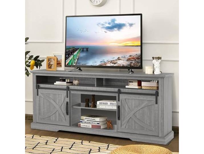 Parrot Uncle TV-Schrank, TV-Möbel Für Fernseher Bis Zu 65 Zoll, Medien- Und Unterhaltungszentrum Mit Stauraum, Moderner TV-Schrank in Braun Für Das Wohnzimmer Grau
