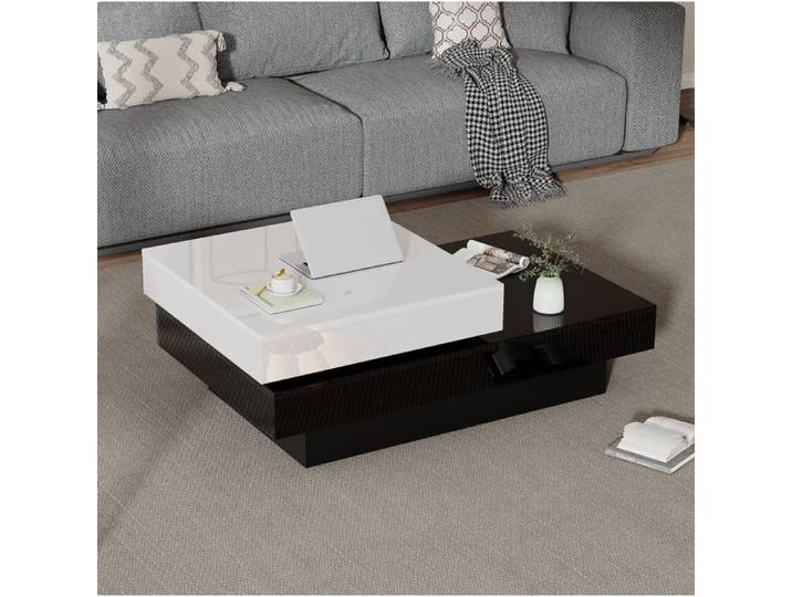 Table basse rotative 103x60x35 5 cm bicolore noir et blanc haute brillance 2 niveaux panneau de particules ORVRYN