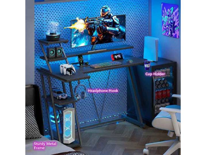 Bureau gaming réversible 100cm bandeau RGB multiprise structure métallique rangements latéraux