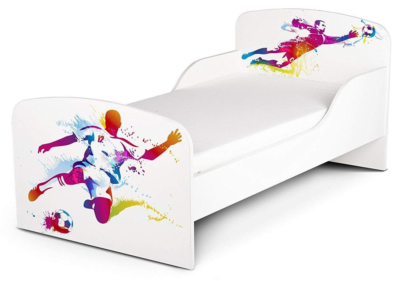 Modernes Weißes Holz-Kinderbett mit Matratzen 140x70 cm und UV-Druck (Fußball)