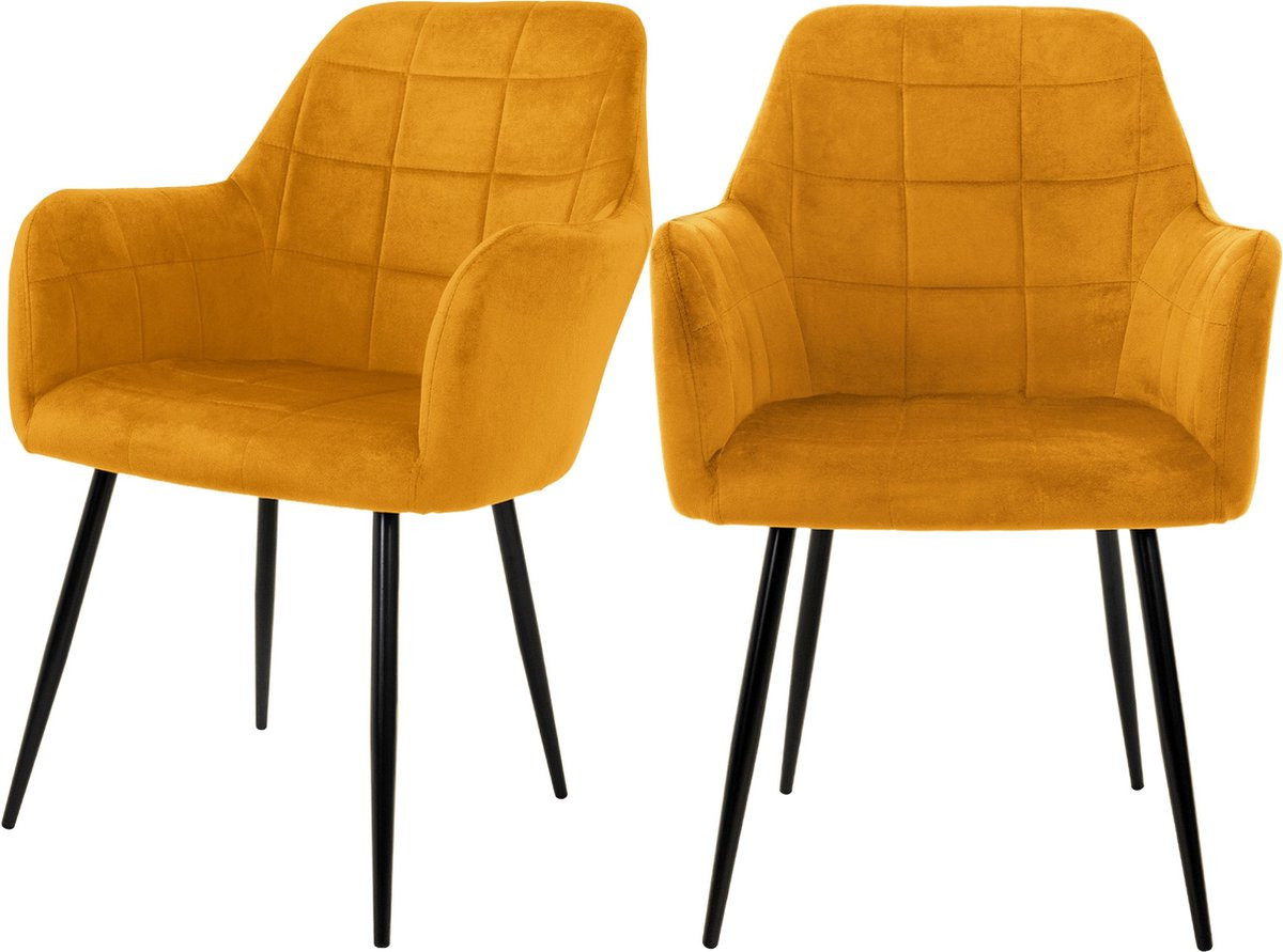 ECD Germany Set van 2 Eetkamerstoelen met Armleuningen en Rugleuning, Oker, Fluweel, Metaal