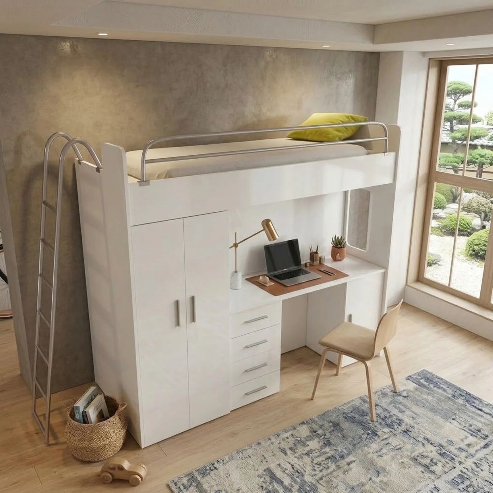 garneroarredamenti Cameretta a soppalco 204x86cm con armadio e scrivania bianco Luca