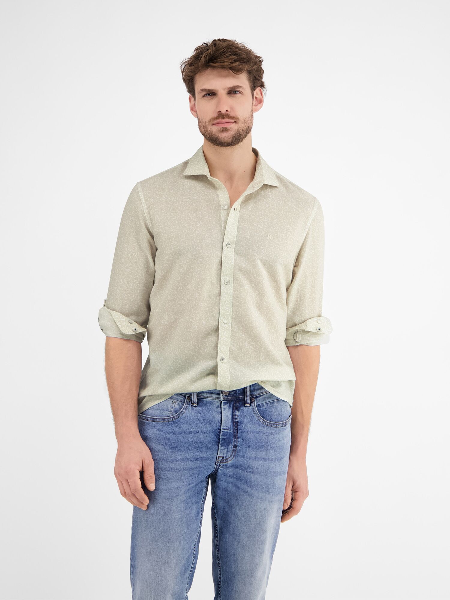 Langarmhemd LERROS "Langarmhemd mit Haifischkragen, floral bedruckt", Herren, Gr. S, Normalgrössen, weiss (weiß), 55% Leinen, 45% Baumwolle, Hemden Langarmhemd weiß S, Normalgrössen