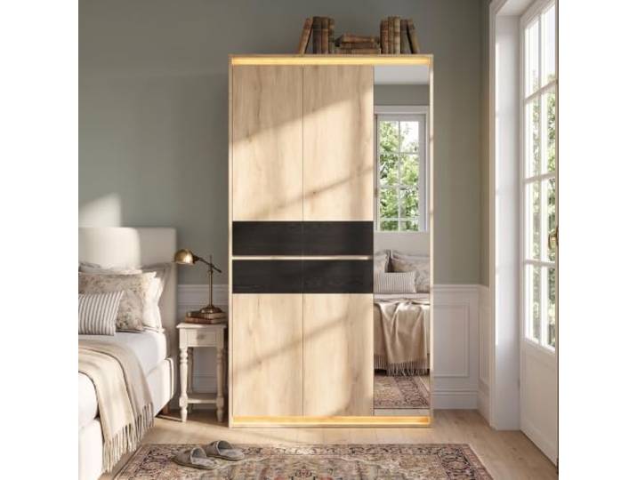 Kleiderschrank Holz mit Spiegel LED, 90 x 47 x 200cm Schlafzimmerschrank Drehtürenschrank mit 2 Kleiderstangen 4 Schubladen 9 Staufächern Moderner Kleiderschrank
