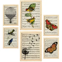 POSTER Set Mit 6 Noten Vintage Papier Stil Plakate Mit Enzyklopädie Hintergründen Natur & Flug, Vögel & Schmetterlinge A3 & A4 Rahmen Aus Hellem Holz