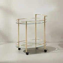 KADIMA DESIGN Goldener Servierwagen, Retro-Charme, 2 Glasplatten, rollbar, stabile Stahlkonstruktion, leicht zu reinigen.