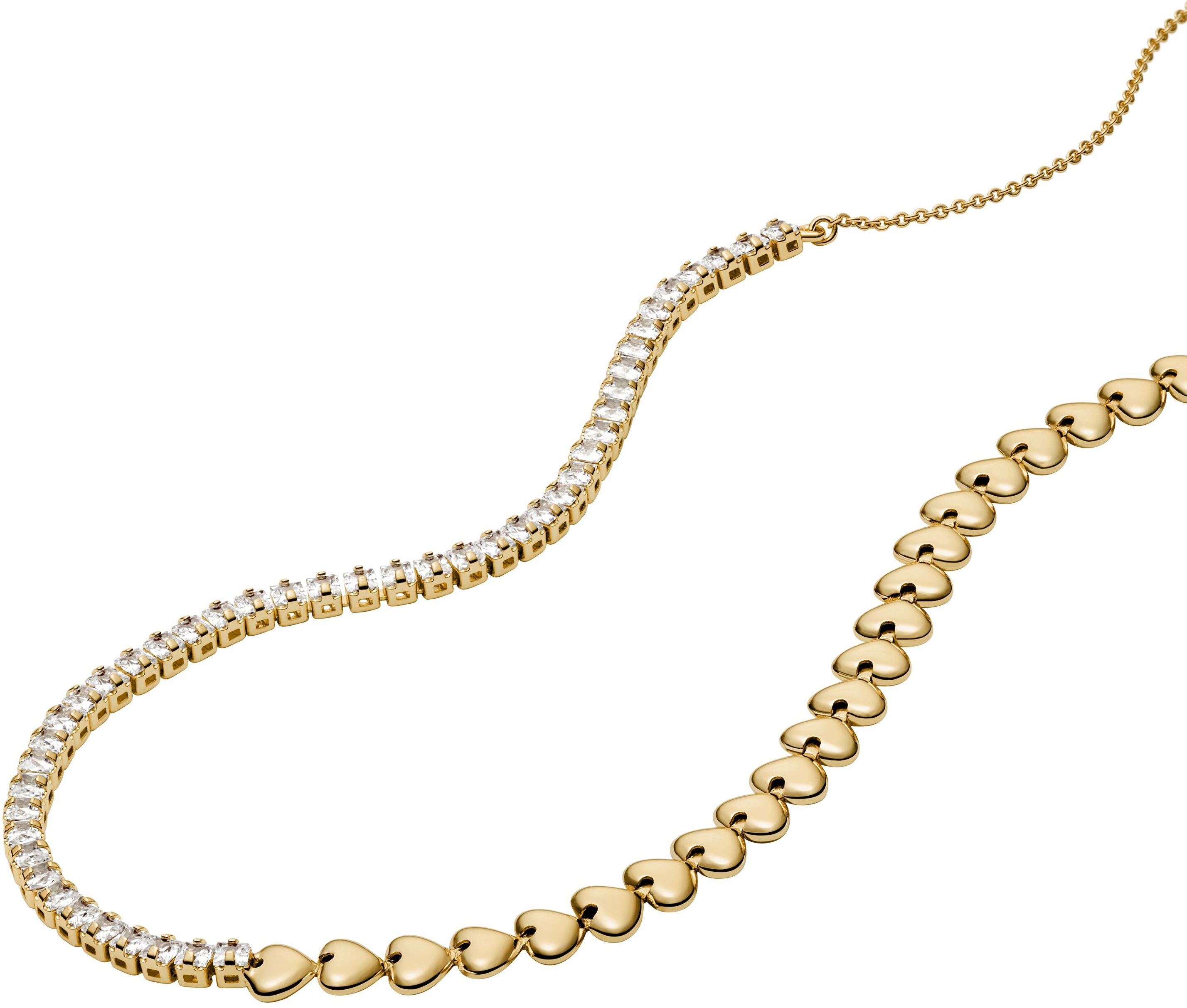 Kette ohne Anhänger FOSSIL "Schmuck Geschenk Metall SUTTON Herzen", gold (gelbgoldfarben, kristallweiß), Halsketten, Damen, Metall, L: 45,5 B: 1mm, mit Zirkonia (synth.), B:1mm