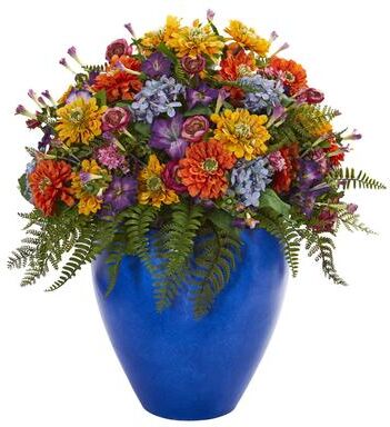Nearly Natural Giant Mixed Floral Artificial Arrangement in Blue Vase
