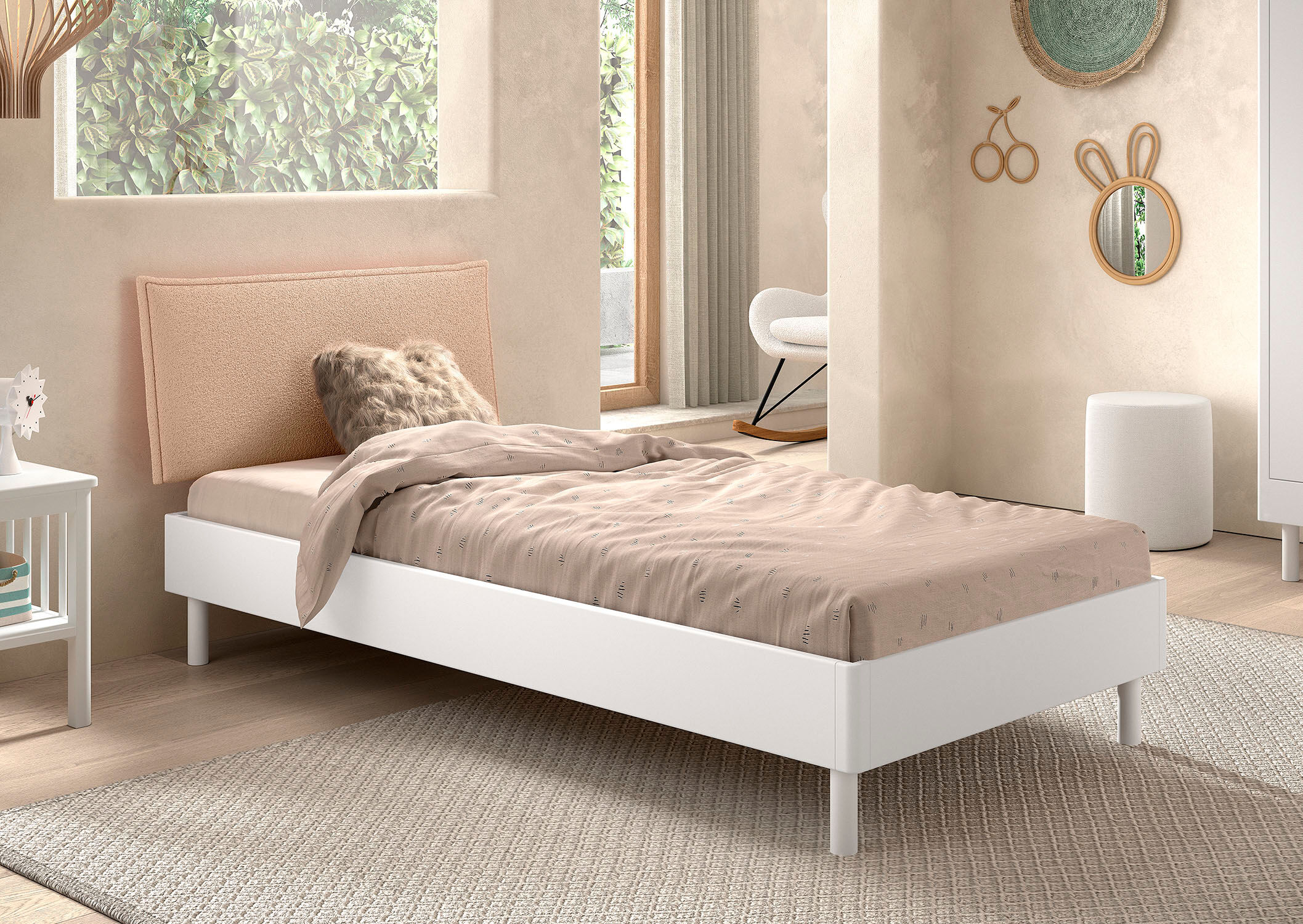 Einzelbett VIPACK "Forrest, mit oder ohne Polsterkopfteil, in modernem Design", weiss (weiß lackiert, kopfteil weiß), Liegefläche Länge B: 200cm x 90cm, Betten, Einzelbett, wahlweise in Buche oder Eiche massiv, Lieferung ohne Matratze weiß lackiert, kopft