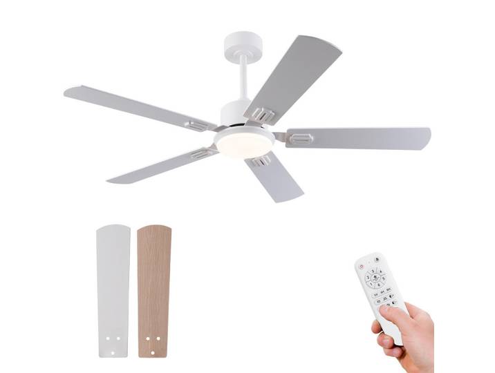 ComfortXL Deckenventilator De-16255 52 Zoll 5 Flügel Doppelfinish Weiß & Naturholz, Eichefarben, Metall, Holz, LED integrated, 132x45x132 cm, Lampen & Leuchten, Innenbeleuchtung, Deckenleuchten, Deckenleuchten