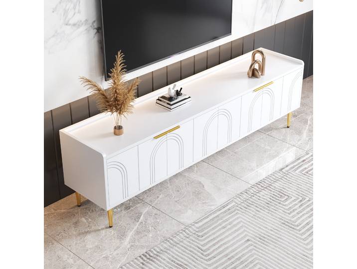 Meuble TV, poignées et pieds dorés, centre de divertissement avec rangement et tiroir, console TV avec étagères réglables