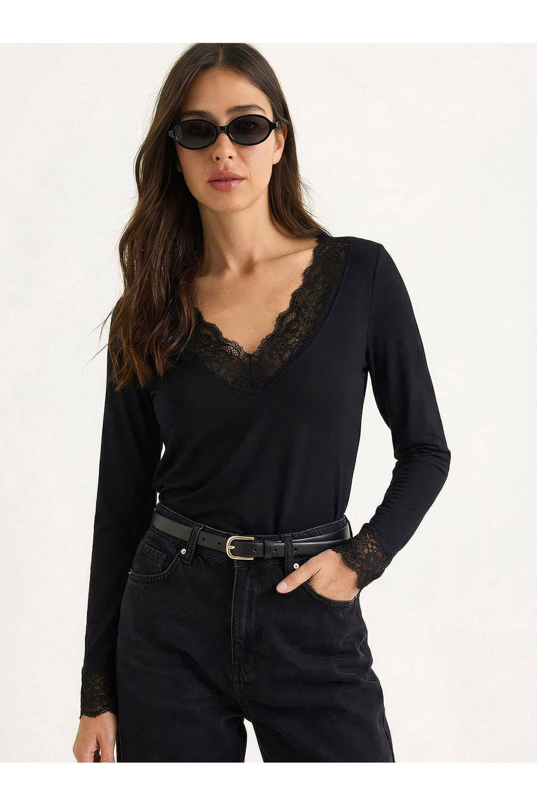 Kantdetail V-hals Blouse