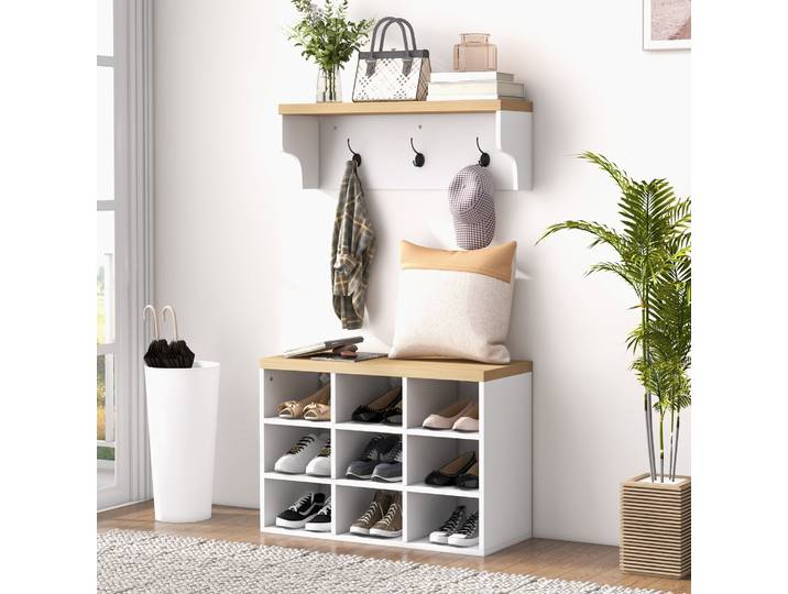 HOMCOM Porte-Manteau Mural Banc à Chaussures 9 Niches Blanc Chêne