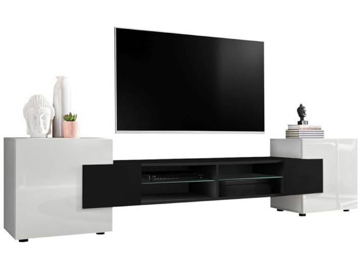 Meuble TV Merano Komodee - sans LED - Blanc Noir Blanc - 230 x 53 x 35 cm