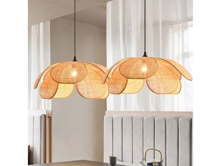 Style japonais rotin tissé pétale suspension lampe lustre pour salon salle à manger chambre Zen salon de thé décor à la maison éclairage LED