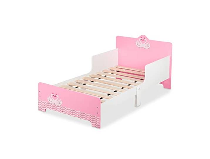 Relaxdays Lit Enfant avec Protection\, HxLxP: 60x77x143 cm\, sommier à Lattes\, Enfant avec Motif Cygne\, MDF\, Blanc - Rose