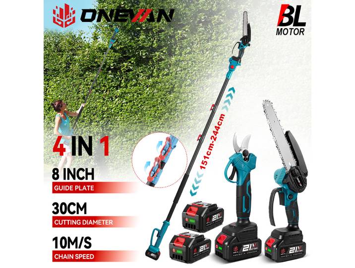 Cisaille électrique télescopique sans fil ONEVAN 4 en 1, outil de taille pour branches hautes, compatible avec batterie Makita 18V.