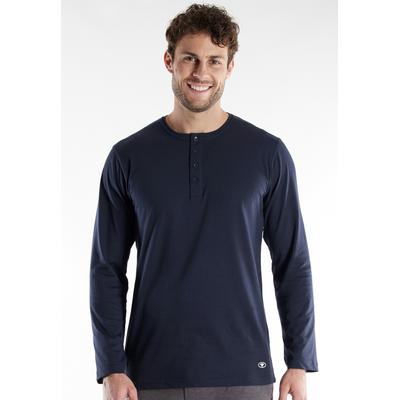 Langarmshirt TOM TAILOR "Cansas", Herren, Gr. 52L, blau (blau, dunkel, uni), Single Jersey, Obermaterial: 100% Baumwolle, unifarben, Basic hüftlang, Rundhals, Shirts Langarmshirt, mit Knopfleiste, Rundhalsausschnitt, Langarm, basic, bequem, elastisch