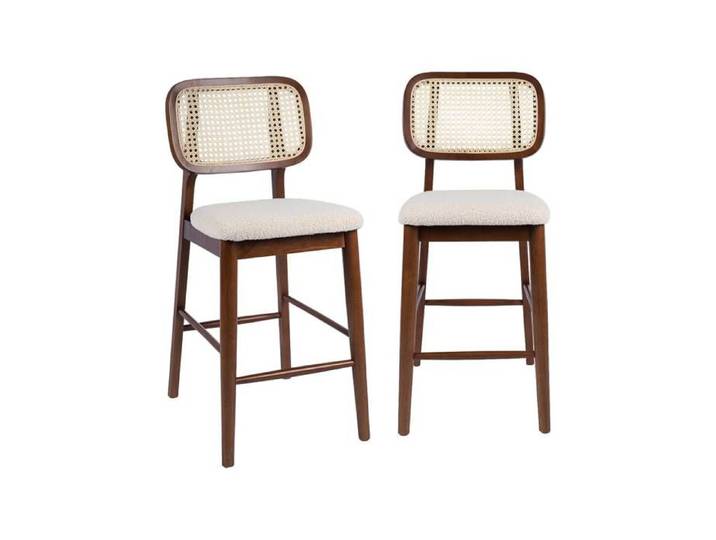 sweeek - Tabouret de bar bois d'hévéa cannage et bouclette 66 5cm (lot de 2) MANI
