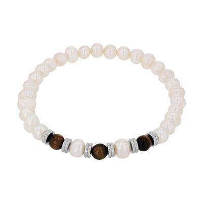 Armband AMOR, edelstahlfarben, braun, braun, Armbänder, Herren, 21cm, Edelstahl Perlen, Edelstahl, Perlen, Armband, mit Tigerauge - mit Süßwasserzuchtperle