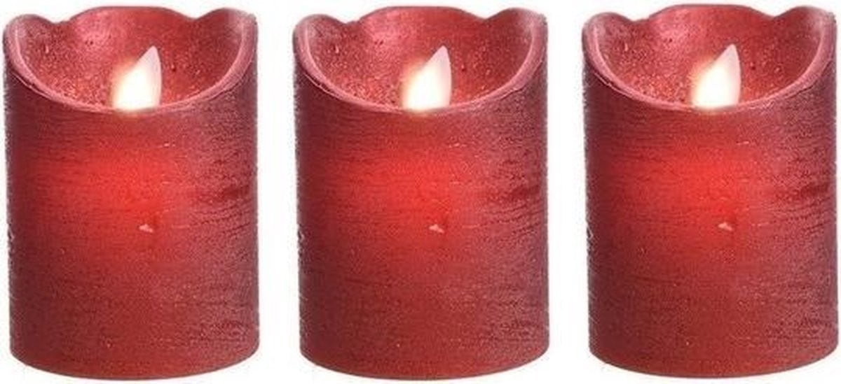 Set van 3 rode flakkerende LED stompkaarsen voor kerstdecoratie, Hoogte: 10 cm