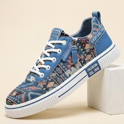 LightInthebox Men's Blue Pattern High Top Sneakers, Lace-Up Street Casual Style for Young Men, Campus, Skateboarding, Travel and Weekend Wear
