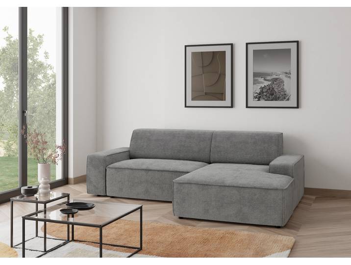 Ecksofa, Cordstoff HYPER, Betongrau, 246×162 cm, Mit Stauraum & Recamiere, Modern, Trendmanufaktur