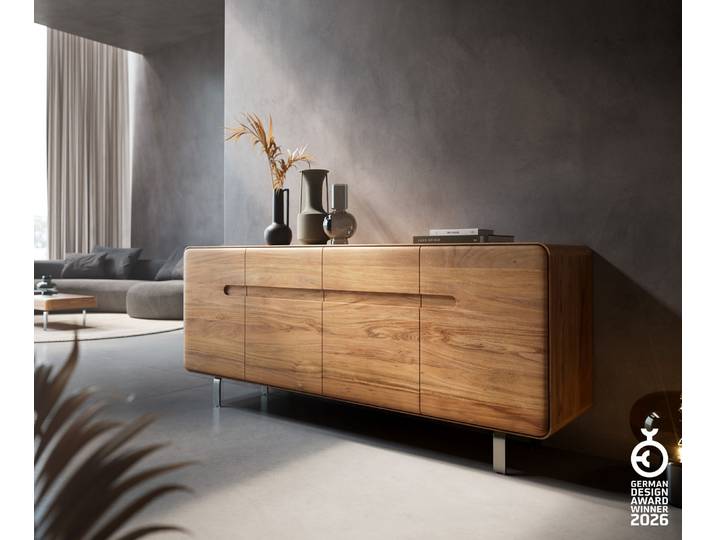DELIFE Sideboard Anaya 175 cm Akazie Natur 4 Türen L-Fuß Edelstahl, Sideboards