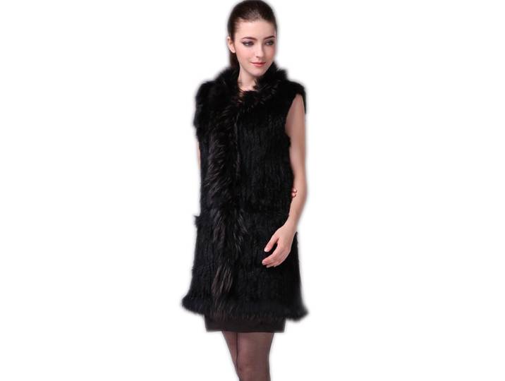 Harppihop gilet de fourrure femmes tricoté véritable véritable fourrure de lapin gilet pardessus poche vêtement et col de raton laveur sans capuche