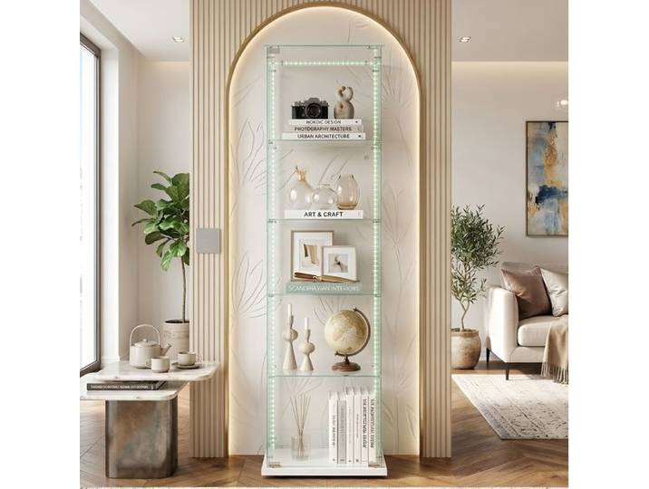 Vitrine d Exposition 163cm - 1 Porte 4 Niveaux - Ruban LED - Vue Panoramique - Verre Trempe et Bois - Blanc